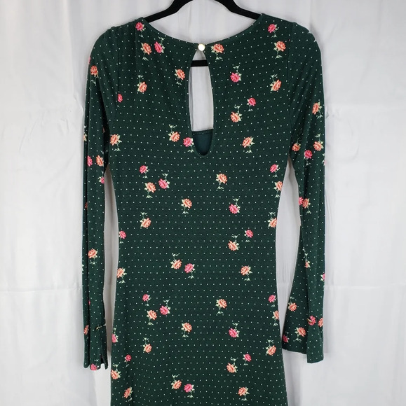 Free People Green Pink Flowers Celine Ruched Key Hole Back Mini Dress Sz S. - Picture 9 of 13